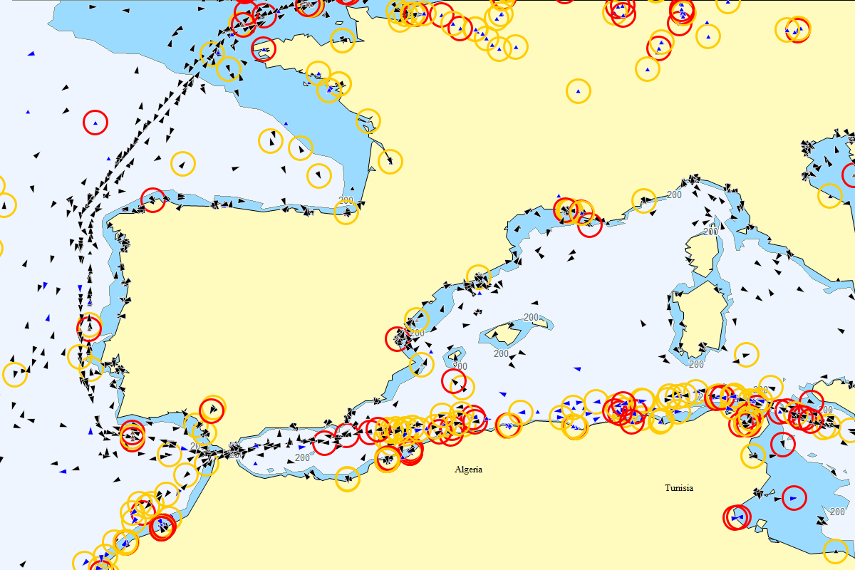 Real time maritime picture displaying only cargo vessels colored based on the sensor type that reported the vessel position. Cargos that have not reported in the last 12 hours are highlighted in red and cargos that have not reported in the last four hours are highlighted in orange