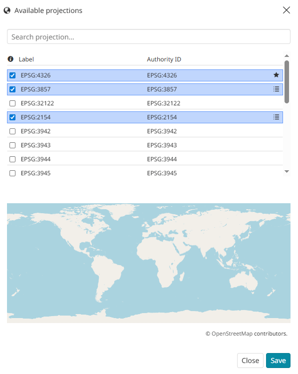 Dynamic Projection Definitions in the MapStore CRS selector