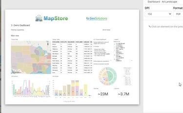 A MapStore dashboard laid out as a printable A4 page in the Print Composer preview