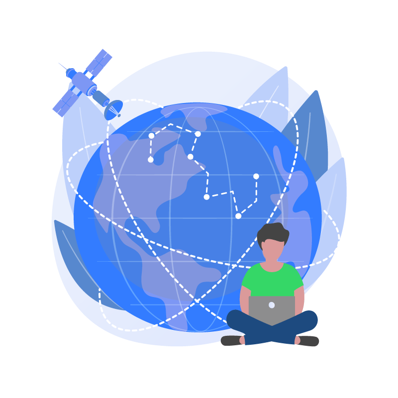 Globe with satellite and a developer at a laptop, GeoSolutions subscription services